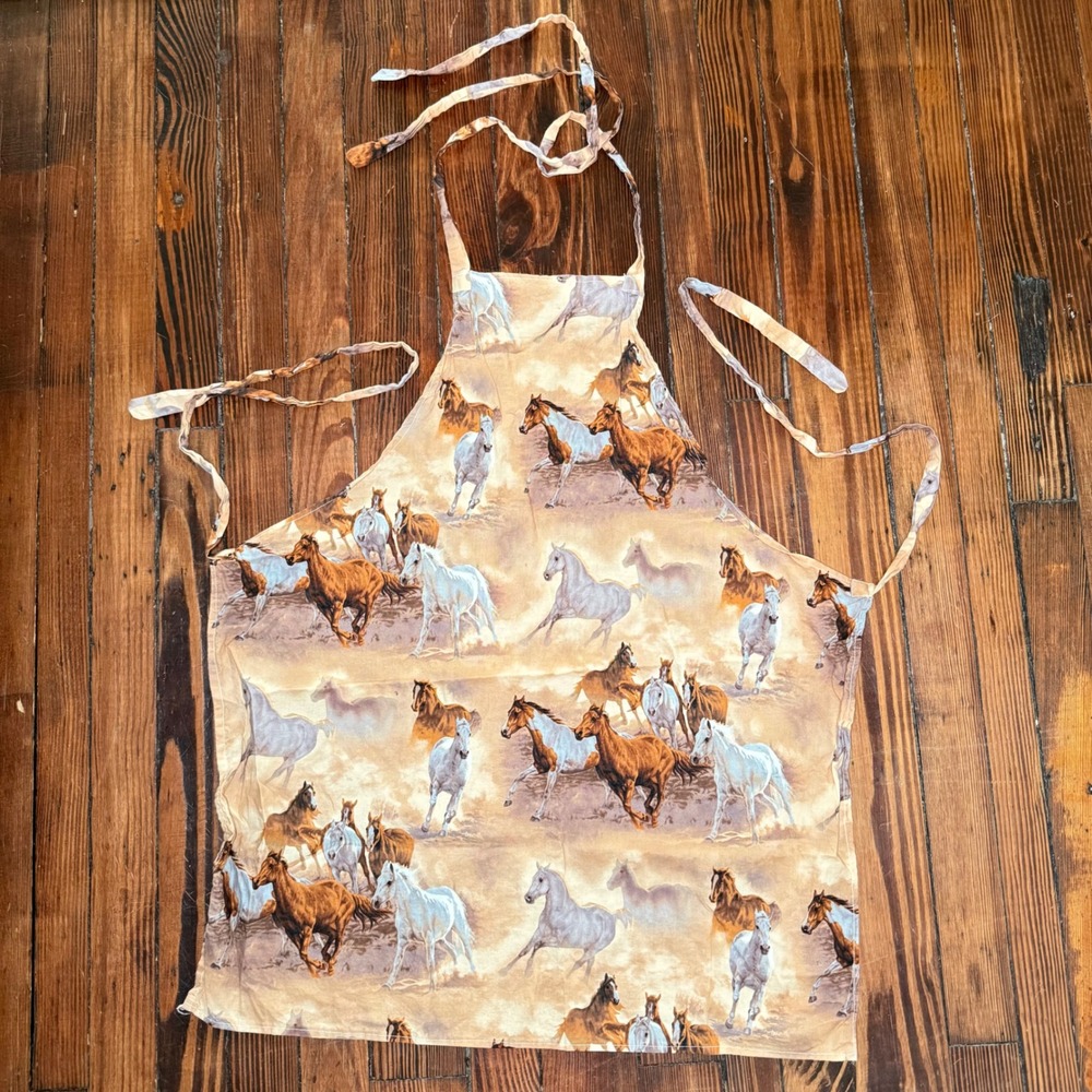 Handmade Wild Horse Print Bib Apron Western Equestrian Farmhouse Tan Brown
